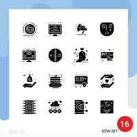 Modern Set of 16 Solid Glyphs Pictograph of analytics sad speaker mask emotion Editable Vector Design Elements