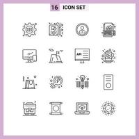 Pack of 16 Modern Outlines Signs and Symbols for Web Print Media such as growth data human analysis profile Editable Vector Design Elements