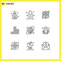 Modern Set of 9 Outlines Pictograph of eight earth globe robot database circular grid multimedia Editable Vector Design Elements