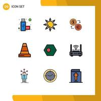 Modern Set of 9 Filledline Flat Colors Pictograph of asian construction currency cone financial Editable Vector Design Elements
