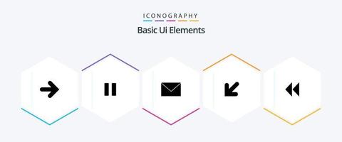 Basic Ui Elements 25 Glyph icon pack including media. left. sms. down. arrow vector