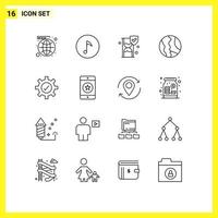 Group of 16 Outlines Signs and Symbols for gear world time glass map global Editable Vector Design Elements