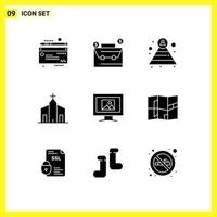 9 Thematic Vector Solid Glyphs and Editable Symbols of photo monitor pyramid monastery church Editable Vector Design Elements