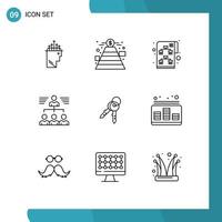 Group of 9 Modern Outlines Set for keys user planning teamwork businessman Editable Vector Design Elements