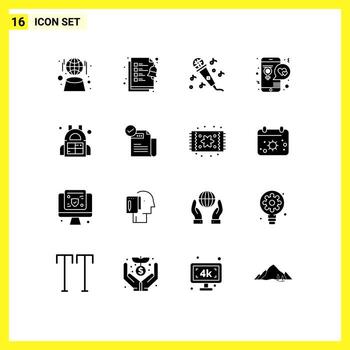16 glifos sólidos universales establecidos para aplicaciones web y móviles bolsa deportiva micrófono amor móvil elementos de diseño vectorial editables vector