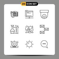 Pack of 9 creative Outlines of laboratory education remote chemistry security camera Editable Vector Design Elements