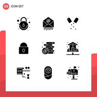 Mobile Interface Solid Glyph Set of 9 Pictograms of money finance health login security Editable Vector Design Elements