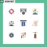 Mobile Interface Flat Color Set of 9 Pictograms of legal justice electrician judge balance Editable Vector Design Elements