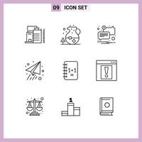 Mobile Interface Outline Set of 9 Pictograms of notepad education chat plane paper Editable Vector Design Elements