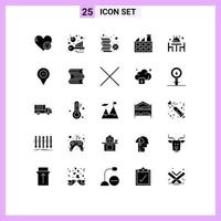 Mobile Interface Solid Glyph Set of 25 Pictograms of dinner factory keyword analysis construction money Editable Vector Design Elements