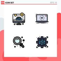 4 User Interface Filledline Flat Color Pack of modern Signs and Symbols of computer back money new research Editable Vector Design Elements