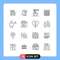 16 User Interface Outline Pack of modern Signs and Symbols of avatar visibility break heart retina ramen Editable Vector Design Elements