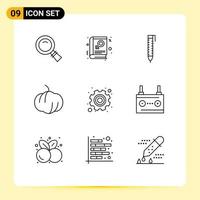 9 User Interface Outline Pack of modern Signs and Symbols of accumulator labor pen gear pumpkin Editable Vector Design Elements