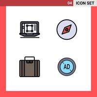Pack of 4 Modern Filledline Flat Colors Signs and Symbols for Web Print Media such as laptop business enhance map ad Editable Vector Design Elements