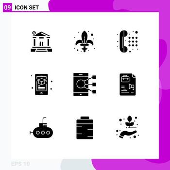 Pack of 9 Modern Solid Glyphs Signs and Symbols for Web Print Media such as connect mobile weapon learning dial pad Editable Vector Design Elements