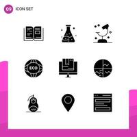 9 Thematic Vector Solid Glyphs and Editable Symbols of commerce world laboratory internet environment Editable Vector Design Elements