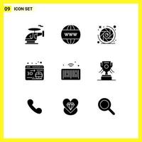 Mobile Interface Solid Glyph Set of 9 Pictograms of things internet camera lens barcode printer Editable Vector Design Elements