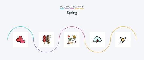 paquete de iconos de 5 planos llenos de línea de primavera que incluye sol. naturaleza. lámina. nube. creciente vector