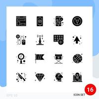 Group of 16 Modern Solid Glyphs Set for pharmacist online call mechanics time Editable Vector Design Elements