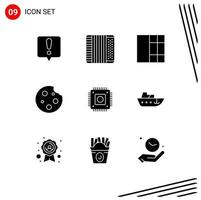 Editable Vector Line Pack of 9 Simple Solid Glyphs of computer hardware wireframe chip drink Editable Vector Design Elements