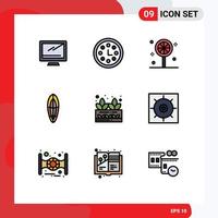 Universal Icon Symbols Group of 9 Modern Filledline Flat Colors of grower surfing wreath surfboard recreation Editable Vector Design Elements