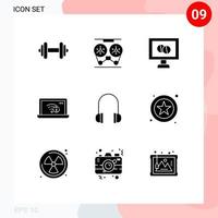 Pack of 9 creative Solid Glyphs of headphones lost reel internet connection Editable Vector Design Elements