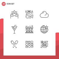 User Interface Pack of 9 Basic Outlines of learning museum cloud drinks beach drinks Editable Vector Design Elements