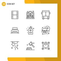 Pictogram Set of 9 Simple Outlines of fountain hotel automobile room bed Editable Vector Design Elements