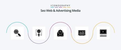 Seo Web And Advertising Media Glyph 5 Icon Pack Including monitoring. graph. search. laptop. letter vector