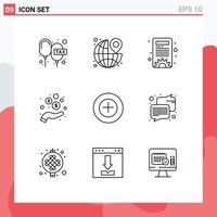 paquete de 9 signos y símbolos de contornos modernos para medios de impresión web, como agregar dinero, la configuración de ingresos, elementos de diseño de vectores editables