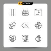 Pack of 9 Modern Outlines Signs and Symbols for Web Print Media such as studded clear bookmark backspace idea Editable Vector Design Elements