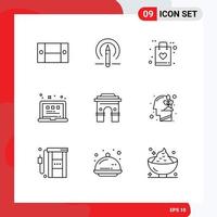 Set of 9 Commercial Outlines pack for global laptop bag view grid Editable Vector Design Elements