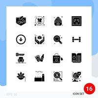 Pack of 16 Modern Solid Glyphs Signs and Symbols for Web Print Media such as button letter process invitation card Editable Vector Design Elements