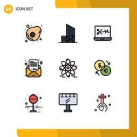 Universal Icon Symbols Group of 9 Modern Filledline Flat Colors of nuclear atom audio editing mail email Editable Vector Design Elements