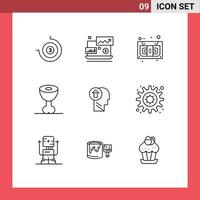 Set of 9 Modern UI Icons Symbols Signs for knowledge head cassette arrow ham Editable Vector Design Elements