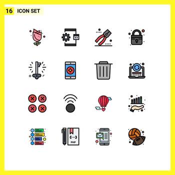 Set of 16 Modern UI Icons Symbols Signs for key secure process lock tool Editable Creative Vector Design Elements