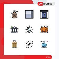 Filledline Flat Color Pack of 9 Universal Symbols of idea bulb web federal banking Editable Vector Design Elements