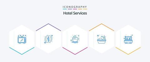 Hotel Services 25 Blue icon pack including room. bed. hot. shower. bathtub vector