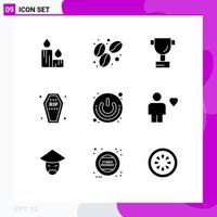 Editable Vector Line Pack of 9 Simple Solid Glyphs of shutdown power sport on off funeral Editable Vector Design Elements