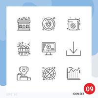 Mobile Interface Outline Set of 9 Pictograms of arrow play sweet monitor stone Editable Vector Design Elements