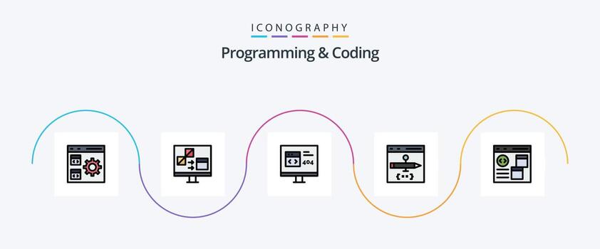 línea de programación y codificación llena de paquete de iconos planos 5 que incluye codificación. aplicación desarrollar. error. desarrollar vector