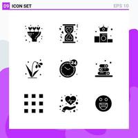 Set of 9 Vector Solid Glyphs on Grid for open clock crown tulip easter Editable Vector Design Elements