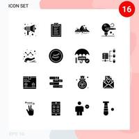 Pack of 16 Modern Solid Glyphs Signs and Symbols for Web Print Media such as education bulb design scene landscape Editable Vector Design Elements