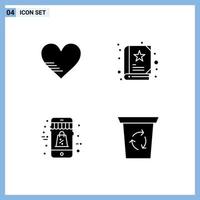 Group of 4 Modern Solid Glyphs Set for heart mobile favorite story recycle been Editable Vector Design Elements