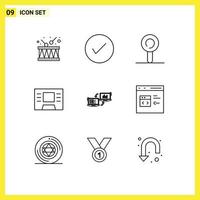 Universal Icon Symbols Group of 9 Modern Outlines of data competers tick business finance Editable Vector Design Elements