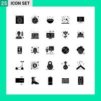 Set of 25 Commercial Solid Glyphs pack for monitor music bowl microphone nest Editable Vector Design Elements