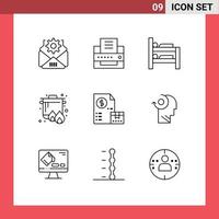 Pack of 9 Modern Outlines Signs and Symbols for Web Print Media such as payment market room invoice cooking Editable Vector Design Elements