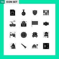 Mobile Interface Solid Glyph Set of 16 Pictograms of transport smart seurity clever wirefram Editable Vector Design Elements