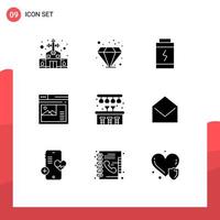 Set of 9 Commercial Solid Glyphs pack for pub city charge gallery web Editable Vector Design Elements