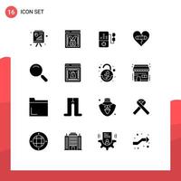 Universal Icon Symbols Group of 16 Modern Solid Glyphs of magnifier love music heart emotions Editable Vector Design Elements